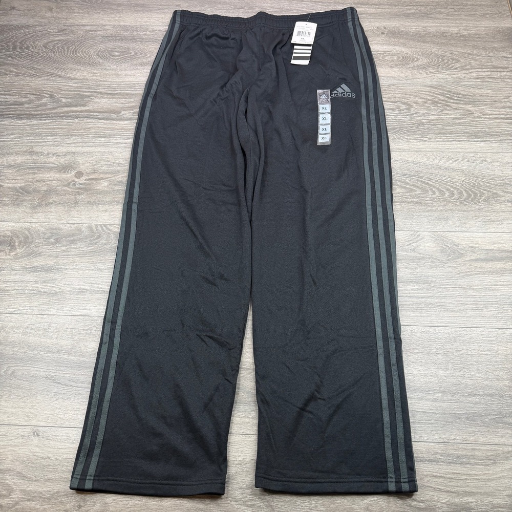 Adidas Sweatpants Mens XL Black Gray 3 Stripe Fleece Baggy Athletic Open Hem NWT